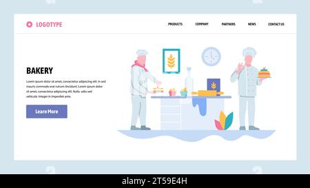 Modello di progettazione gradiente sito Web vettoriale. Pasticceria e torta di cucina dello chef. Concetti di landing page per lo sviluppo di siti Web e dispositivi mobili. Appartamento moderno malato Illustrazione Vettoriale