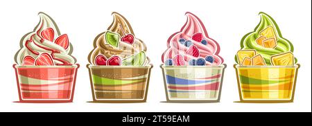 Vector Ice Cream Set, striscione orizzontale con illustrazione di 4 vari yogurt congelati, fette di frutta guarnita, cospargetti di cocco e sciroppo di condimento, quattro Illustrazione Vettoriale