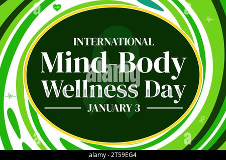 Carta da parati International Mind Body Wellness Day di colore verde fresco con tipografia e forme Foto Stock