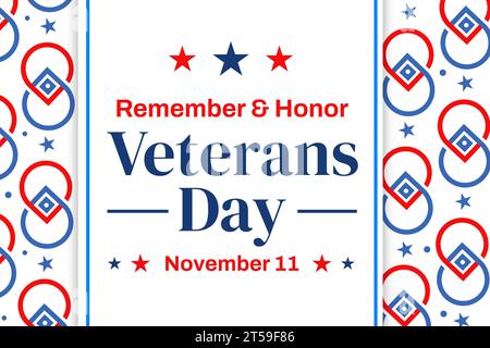 Remember and Honor Veterans Day, carta da parati con forme patriottiche e tipografia al centro. L'11 novembre è celebrato come giorno per i veterani negli Stati Uniti, muro Foto Stock