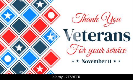 Grazie Veterani per il vostro servizio, design dello sfondo con forme colorate e tipografia. L'11 novembre è celebrato come Veterans Day nello United Stat Foto Stock