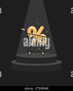La percentuale d'oro è registrata nel carrello della spesa su un piedistallo sotto i riflettori. Banner del Black friday. Illustrazione del vettore piatto Illustrazione Vettoriale
