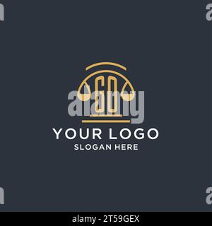 INIZIATE con il modello di design del logo Justice, le idee per il design del logo del legale e della legge di lusso, la grafica vettoriale Illustrazione Vettoriale