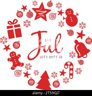 Buon Natale e felice anno nuovo lettering in svedese con corona di decorazioni natalizie Illustrazione Vettoriale