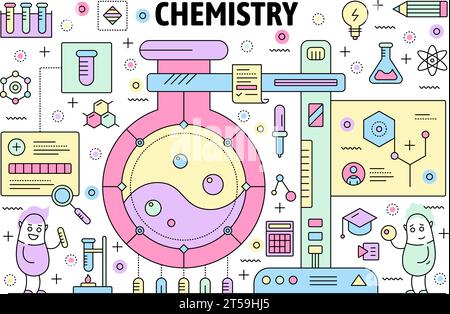 Modello banner poster chimica. Elementi di design in stile piatto vettoriale per grafica sottile, simboli, icone per banner Web e materiali stampati. Illustrazione Vettoriale