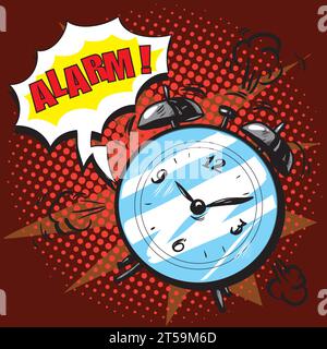 La sveglia suona per svegliarsi la mattina. Illustrazione vettoriale in stile retrò pop art. Bolla di testo allarme. Buon giorno. Illustrazione Vettoriale