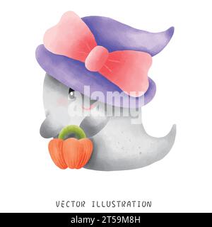 Entra nello spirito festivo con questa affascinante illustrazione ad acquerello di un grazioso fantasma rosa che indossa un fiocco e tiene in mano un secchio di zucca. Perfetto per Hallo Illustrazione Vettoriale
