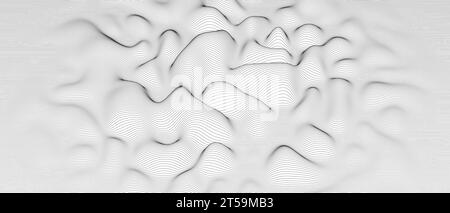 Sfondo astratto con linee distorte su sfondo bianco. Forme d'onda della linea sonora monocromatiche. Illustrazione Vettoriale