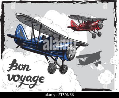 Illustrazione vettoriale del concetto di viaggio. Poster dell'aereo retrò. Il vecchio aereo modello sta volando nella cartolina del cielo. Bon Voyage. Illustrazione Vettoriale