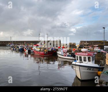 3 novembre 2023. Findochty Harbour, Moray, Scozia. Si tratta di un gruppo di piccole barche da pesca, tutte legate al molo con grandi quantità di creel e ot Foto Stock