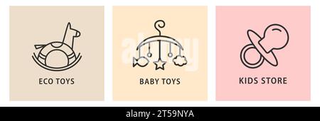 Set di icone della linea di giocattoli ecologici per bambini. Logo neonato per bambini Illustrazione Vettoriale