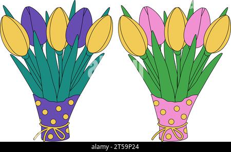 Set vettoriale di 2 colorati mazzi di tulipani in carta da imballaggio in tonalità trendy di viola e giallo. Illustrazione vettoriale Illustrazione Vettoriale