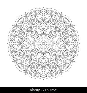 Pagina di libri da colorare con Mandala per adulti in fiore per l'interno del libro KDP. Petali pacifici, capacità di rilassarsi, esperienze cerebrali, paradiso armonioso, pace Illustrazione Vettoriale
