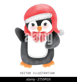 Adorabile pinguino invernale con sciarpa rossa e cappello stravagante illustrazione natalizia Illustrazione Vettoriale