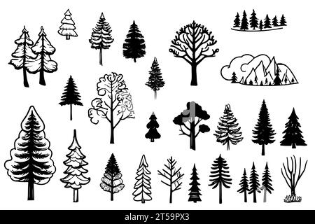 Impostare l'albero dello schizzo diversi tipi e forme isolati su sfondo bianco. Illustrazione vettoriale disegnata a mano. Illustrazione Vettoriale