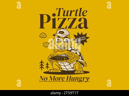 Turtle pizza, basta fame. Illustrazione del personaggio di una mascotte di una tartaruga che tiene una pizza Illustrazione Vettoriale