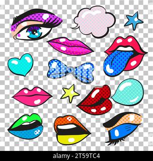 Patch di moda Vector pop art con cuori, stelle, arco, labbra femminili, bocca e occhi, bolla del discorso. Spille, badge e adesivi vintage Illustrazione Vettoriale