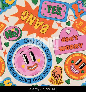 90 Cool Sticker Collage Pattern senza cuciture. Stampa divertente con patch colore retro Millennium Style. Cartoon Fun Smile Faces, illustrazione vettoriale stile y2k. Illustrazione Vettoriale