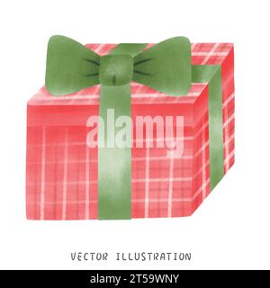 Allegro abito rosa in quadri verde per festeggiare il Natale in stile acquerello Illustrazione Vettoriale