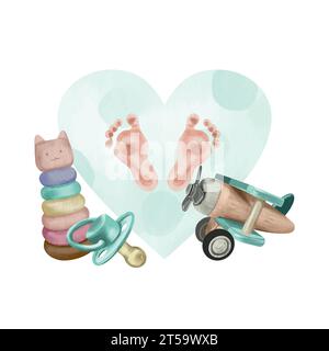 Piedi per bambini, giocattoli - aereo, piramide, succhietto. Illustrazione vettoriale. Stile acquerello. Biglietti, inviti, baby shower neonato, festa di genere. Illustrazione Vettoriale