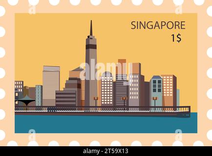 Francobollo postale con il famoso skyline di SINGAPORE Illustrazione Vettoriale