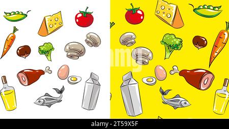 Set di icone vettoriali per cibi e bevande e pattern senza cuciture con verdure, carne, pesce, formaggio, latte, bottiglia d'olio, funghi e uova. Concetto di alimentazione sana Illustrazione Vettoriale