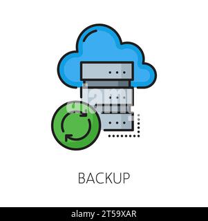 Backup, icona della rete per la distribuzione dei contenuti CDN, server dati e distribuzione di contenuti multimediali digitali, simbolo cloud vettoriale. CDN o sistema di tecnologia Internet del computer icona del backup di Information Data Cloud sul server Illustrazione Vettoriale
