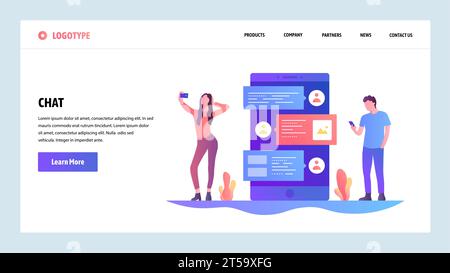 Modello di progettazione di siti Web vettoriali. Chat online su Internet e app di messaggistica per telefono cellulare. Le persone parlano al telefono via sms. Concetti della landing page per il sito Web Illustrazione Vettoriale