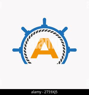 Logo Letter A Cruise Steering. Simbolo yacht, logotipo nave, modello cartello marino Illustrazione Vettoriale