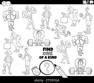 Illustrazione di cartoni animati in bianco e nero che mostra come trovare un gioco educativo unico nel suo genere con una pagina di colorazione dei personaggi degli atleti Illustrazione Vettoriale