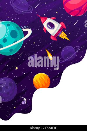 Cartoon paesaggio spaziale stellato con razzi e pianeti galattici nel cielo, poster vettoriale. Esplorazione spaziale e volo spaziale avventura galattica con navicella spaziale o navicella spaziale verso il pianeta galattico Illustrazione Vettoriale