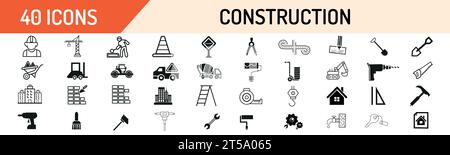 Set di icone Web a linee sottili con contorno traccia modificabile da costruzione. Raccolta di icone di contorno. Semplice illustrazione vettoriale Illustrazione Vettoriale