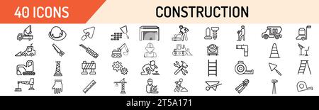 Set di icone Web a linee sottili con contorno traccia modificabile da costruzione. Raccolta di icone di contorno. Semplice illustrazione vettoriale Illustrazione Vettoriale