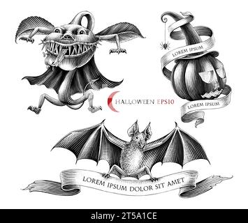 Collezione Halloween Day illustrazioni vintage in bianco e nero Illustrazione Vettoriale