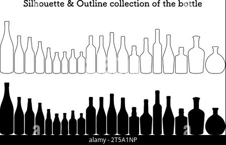 Set di sagome e contorni di bottiglie di sake, una bottiglia di sake e una bottiglia di birra, vino o whisky, illustrazione Vector Illustrazione Vettoriale