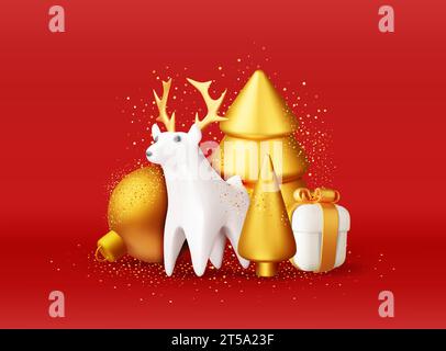Cervo 3D con corna dorate e albero di Natale dorato Illustrazione Vettoriale