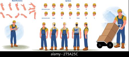 Tuta, creazione personaggi costruttore e pacchetto animazione, uomo che indossa tute con strumenti, attrezzatura, animazione bocca e sincronizzazione labbra Illustrazione Vettoriale