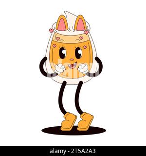 Un'amata personalità di gusto a forma di tazza di caffè. Il personaggio comico con il cuore in stile cartoni animati retrò alla moda. Illustrazione vettoriale isolata su un Illustrazione Vettoriale