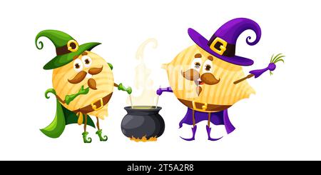 Cartone animato Halloween personaggi maghi della pasta italiana. I personaggi isolati dei maccheroni conchiglie, vestiti con costumi da strega, lanciano incantesimi e mescolano calderoni con pozione magica o birra Illustrazione Vettoriale