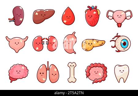 Cartoni animati infelici personaggi degli organi del corpo malato. Organi umani feriti e malsani. Cuore vettoriale, polmoni, reni, fegato e stomaco, vescica, pancreas, cistifellea o intestino. Utero, bulbo oculare, osso, sangue Illustrazione Vettoriale