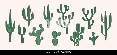 Cactus, piante desertiche con graziosi cactus occidentali disegnati a mano. Illustrazione Vettoriale