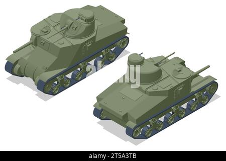 Isometric USA Tank Medium Tank M3 Lee. Veicolo da combattimento blindato progettato per i combattimenti in prima linea, con una potenza di fuoco pesante Illustrazione Vettoriale