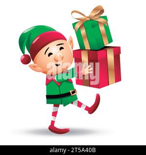 Elfo di Natale isolato su sfondo bianco. GNOME Cartoon Character. Illustrazione vettoriale. Illustrazione Vettoriale