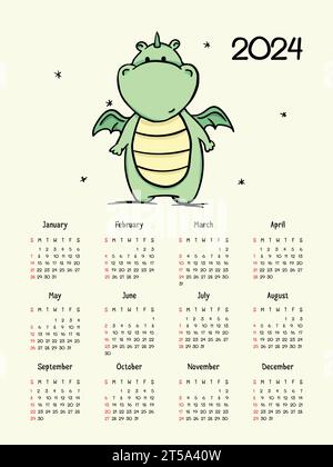 calendario 2024. Illustrazione vettoriale di un drago carino, simbolo del nuovo anno Illustrazione Vettoriale