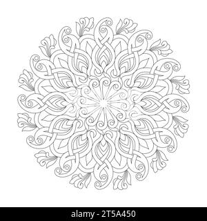 Pagina di libri da colorare con mandala da giardino celtico per adulti per interni del libro KDP. Petali pacifici, capacità di rilassarsi, esperienze cerebrali, Harmonous Haven Illustrazione Vettoriale