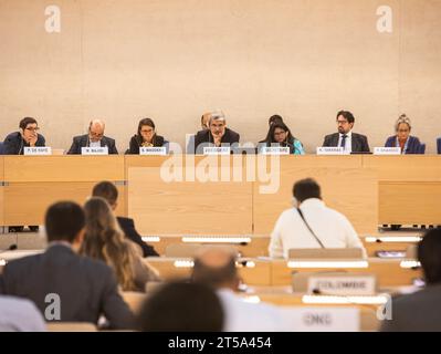 Ginevra, Svizzera. 3 novembre 2023. L'ambasciatore del regime iraniano, Ali Bahreini, presiede il Forum sociale del Consiglio per i diritti umani delle Nazioni Unite. Il Forum sociale si è svolto il 2 e 3 novembre presso il Palais des Nations di Ginevra. (Foto di Siavosh Hosseini/SOPA Images/Sipa USA) credito: SIPA USA/Alamy Live News Foto Stock