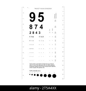Rosenbaum Pocket Vision Screener Eye test Chart illustrazione medica con numeri. Contorno stile di schizzo vettoriale di linea isolato su sfondo bianco. Pannello ottico oftalmico per esame Illustrazione Vettoriale