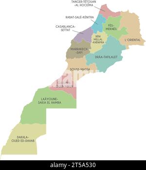 Mappa vettoriale del Marocco con regioni e divisioni amministrative. Livelli modificabili e chiaramente etichettati. Illustrazione Vettoriale