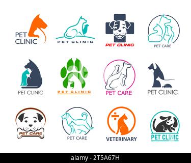 Icone della clinica per animali domestici di medicina veterinaria con animali vettoriali e uccelli. Cane, gatto e pappagallo con zampa e croce medica silhouette. Veterinaria cura, veterinario ospedale, negozio di animali domestici e clinica emblemi set Illustrazione Vettoriale