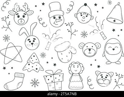 Crea gli elementi di design natalizi in stile doodle. Simpatici personaggi e simboli della collezione disegnata a mano per l'anno nuovo. Contorno semplice immagine coniglietto, pupazzo di neve, cervo Illustrazione Vettoriale